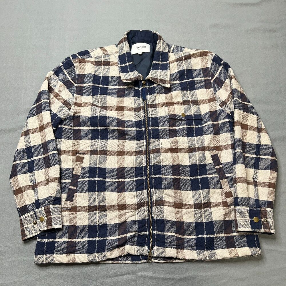 Corridor NYC Jacquard Plaid Jacket Men's Large Beige Navy Cotton Collared Zip-Up